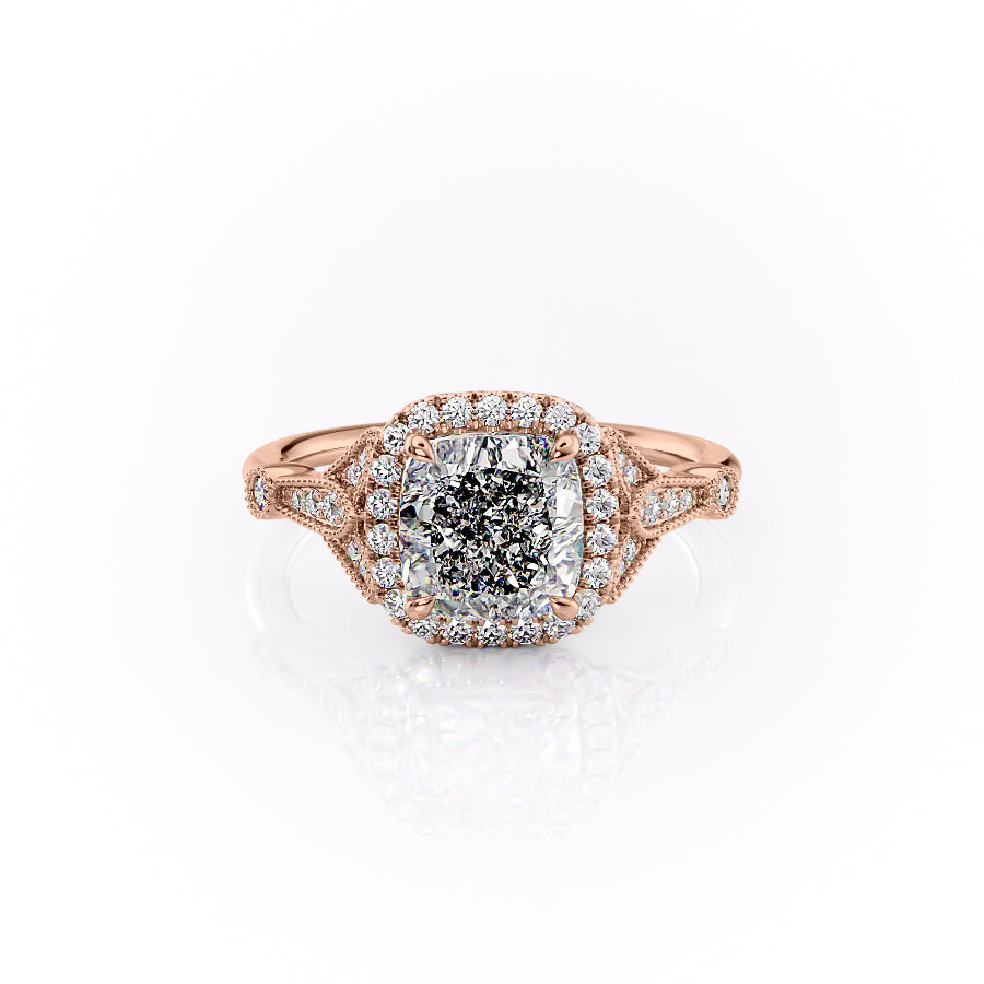 The Halo Stephanie Set With A 2 Carat Cushion 14K Rose Gold Lab Diamond
