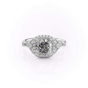 The Halo Stephanie Set With A 1 Carat Cushion 14K White Gold Lab Diamond