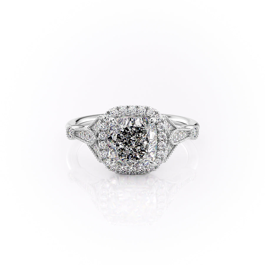 The Halo Stephanie Set With A 2.5 Carat Cushion 18K White Gold Lab Diamond