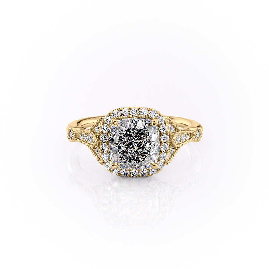 The Halo Stephanie Set With A 2.5 Carat Cushion 14K Yellow Gold Lab Diamond