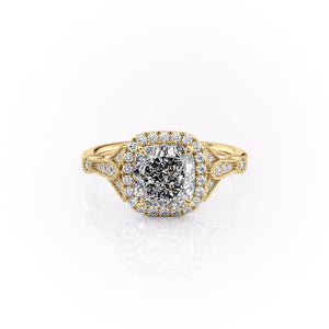 The Halo Stephanie Set With A 1 Carat Cushion 18K Yellow Gold Lab Diamond