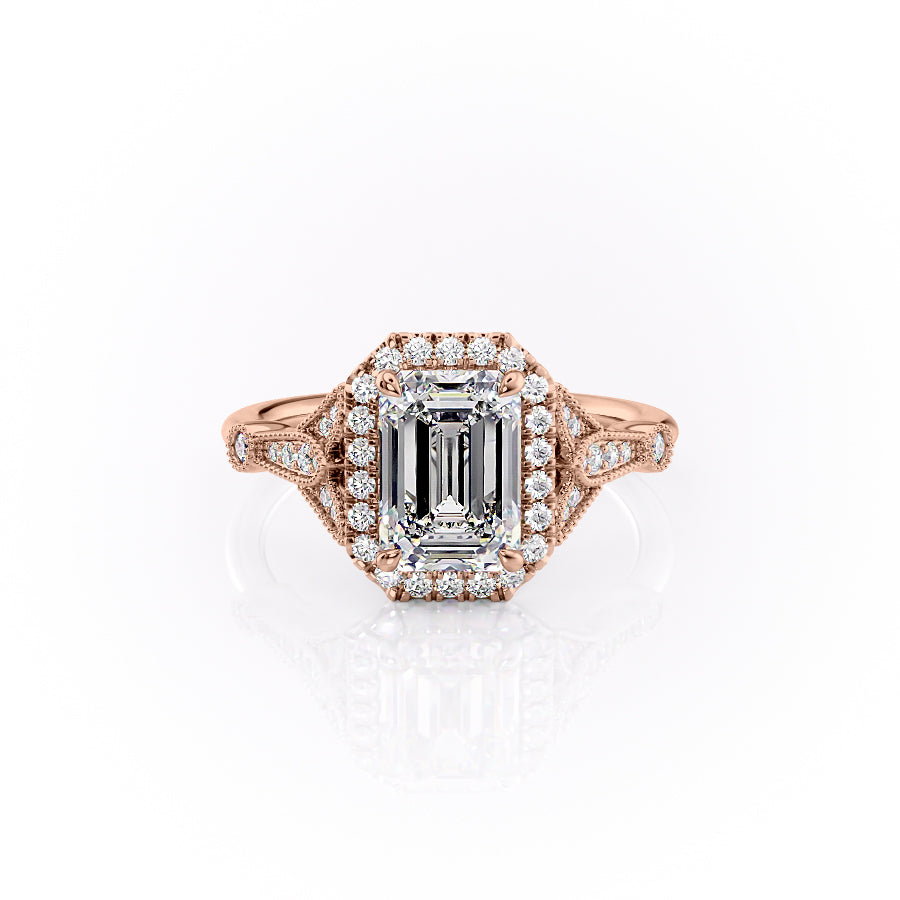 The Halo Stephanie Set  With A 5 Carat Emerald 14K Rose Gold Moissanite