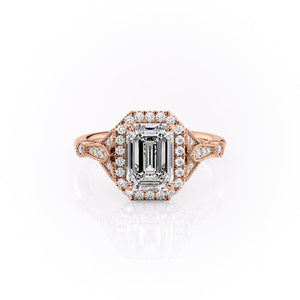 The Halo Stephanie Set With A 3 Carat Emerald 14K Rose Gold Lab Diamond