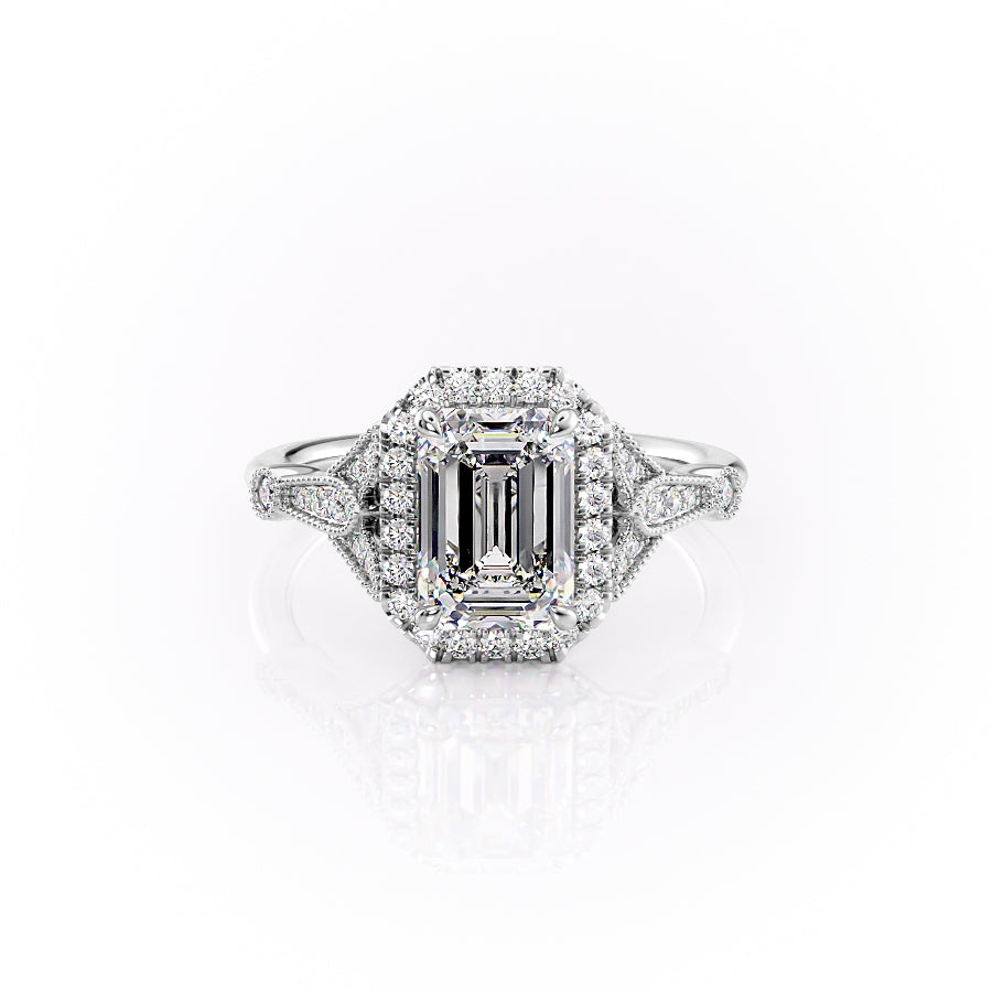 The Halo Stephanie Set  With A 3 Carat Emerald 14K White Gold Moissanite