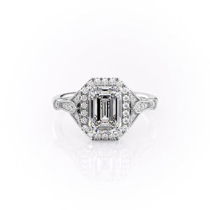 The Halo Stephanie Set With A 1.5 Carat Emerald 14K White Gold Lab Diamond