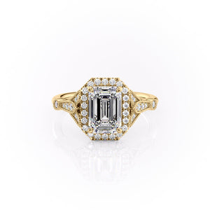 The Halo Stephanie Set With A 1 Carat Emerald 18K Yellow Gold Lab Diamond