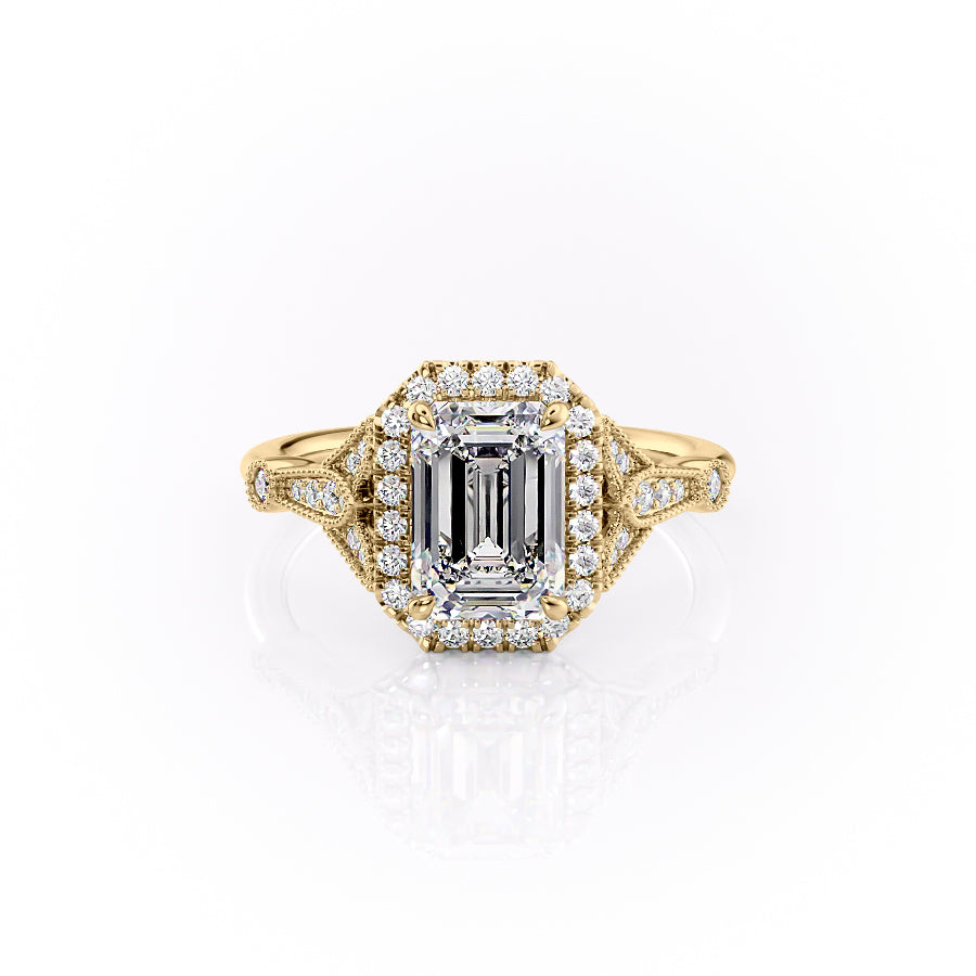 The Halo Stephanie Set  With A 1 Carat Emerald 18K Yellow Gold Moissanite