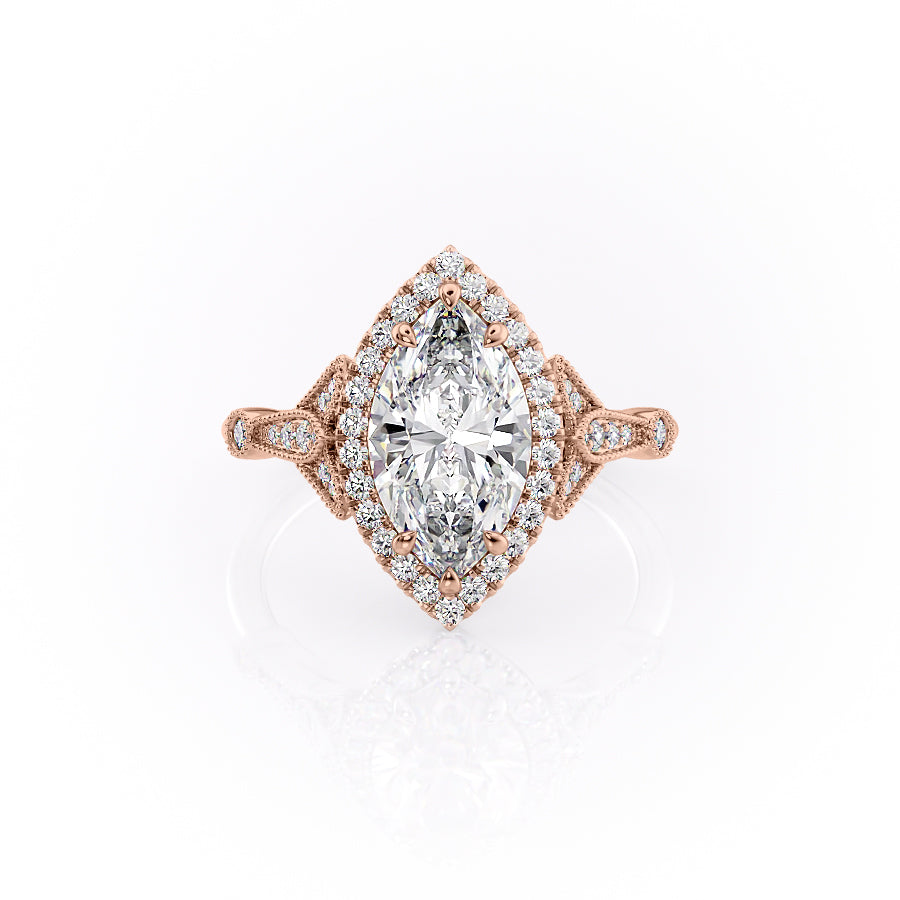 The Halo Stephanie Set  With A 3.5 Carat Marquise 14K Rose Gold Moissanite