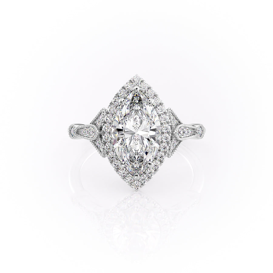 The Halo Stephanie Set With A 1.5 Carat Marquise 14K White Gold Lab Diamond