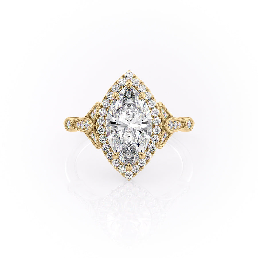 The Halo Stephanie Set  With A 4.5 Carat Marquise 14K Yellow Gold Moissanite
