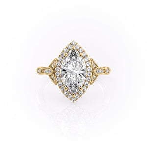 The Halo Stephanie Set  With A 3 Carat Marquise 18K Yellow Gold Moissanite