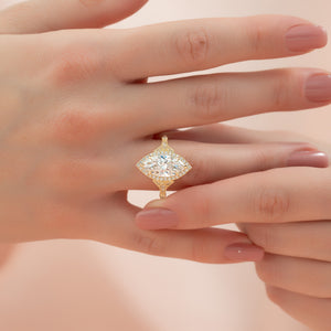 The Halo Stephanie Set  With A 3 Carat Marquise 18K Yellow Gold Moissanite