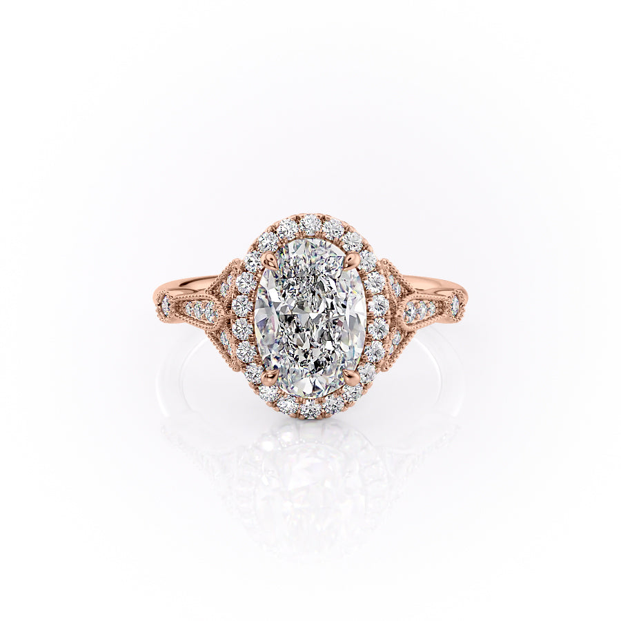 The Halo Stephanie Set  With A 1.5 Carat Oval 14K Rose Gold Moissanite
