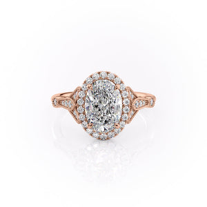 The Halo Stephanie Set  With A 2 Carat Oval 14K Rose Gold Moissanite