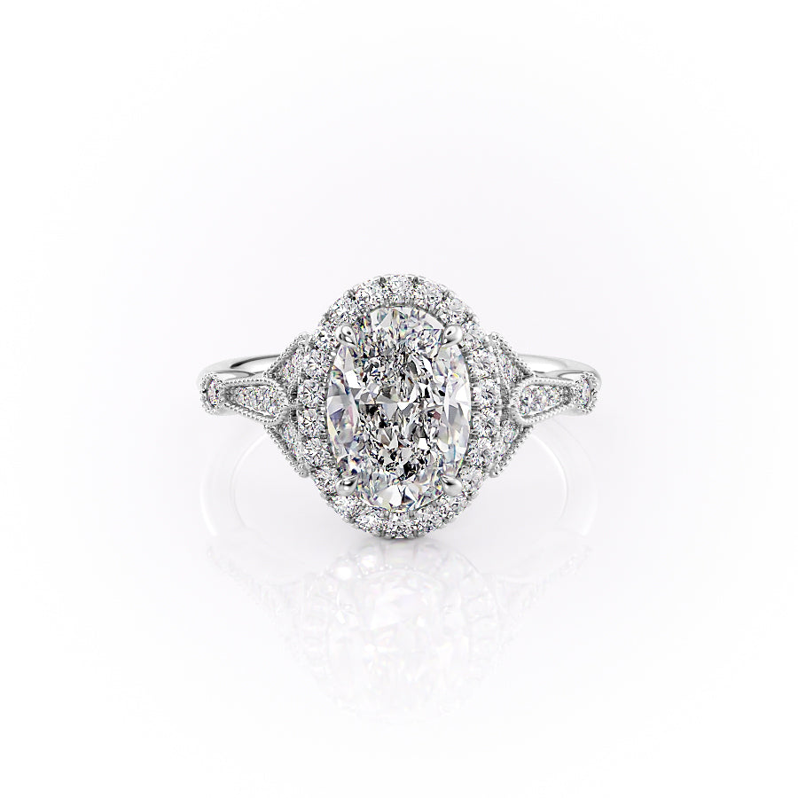 The Halo Stephanie Set  With A 3 Carat Oval 18K White Gold Moissanite