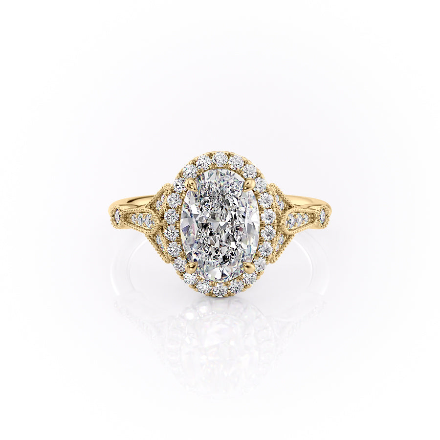 The Halo Stephanie Set  With A 4 Carat Oval 14K Yellow Gold Moissanite