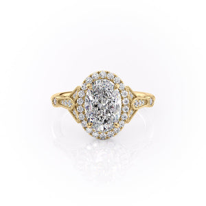 The Halo Stephanie Set  With A 3 Carat Oval 14K Yellow Gold Moissanite