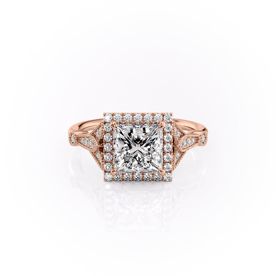 The Halo Stephanie Set  With A 3 Carat Princess 14K Rose Gold Moissanite