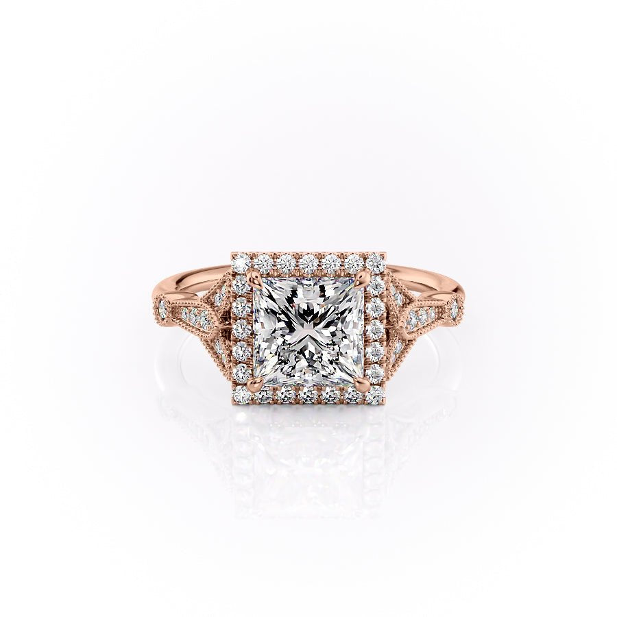 The Halo Stephanie Set  With A 3.5 Carat Princess 18K Rose Gold Moissanite