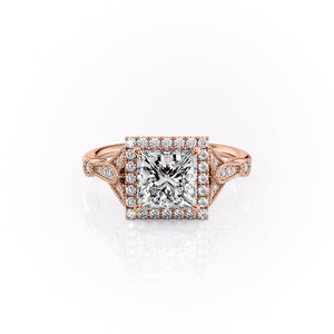 The Halo Stephanie Set  With A 4.5 Carat Princess 18K Rose Gold Moissanite