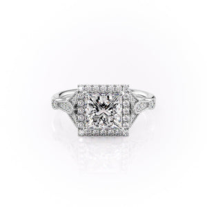 The Halo Stephanie Set With A 2 Carat Princess 18K White Gold Lab Diamond