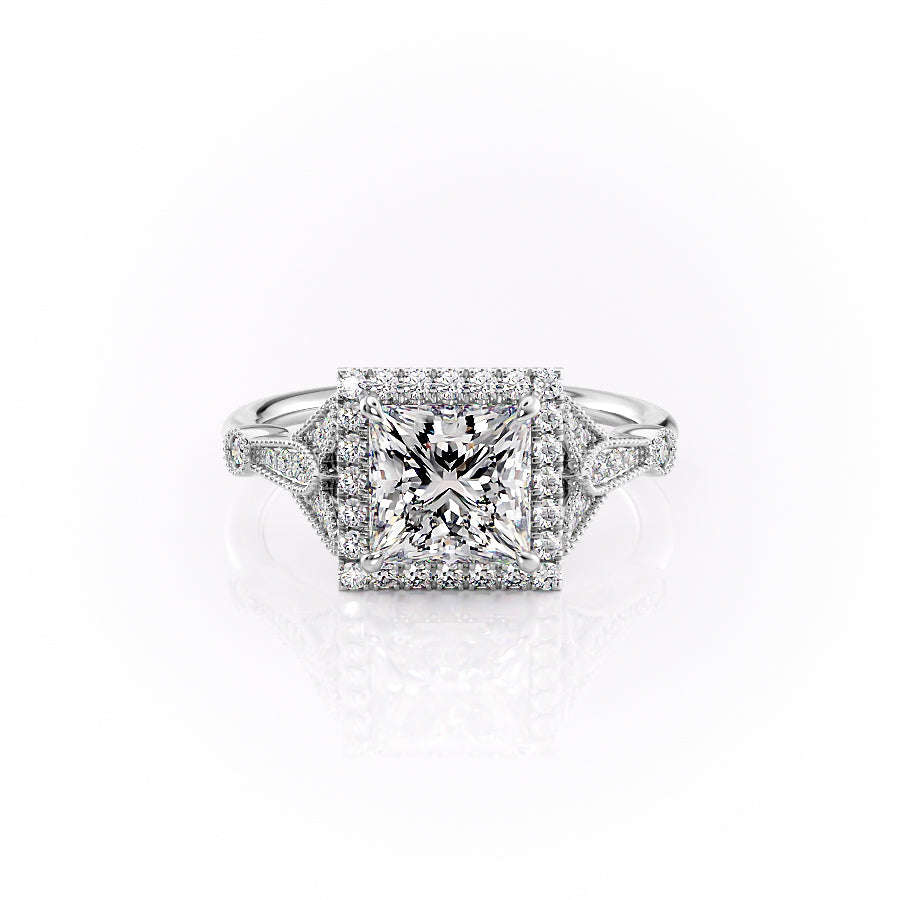 The Halo Stephanie Set  With A 2.5 Carat Princess 18K White Gold Moissanite