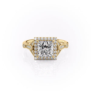 The Halo Stephanie Set  With A 5 Carat Princess 18K Yellow Gold Moissanite
