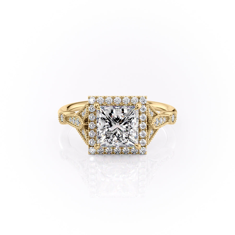 The Halo Stephanie Set  With A 3 Carat Princess 18K Yellow Gold Moissanite