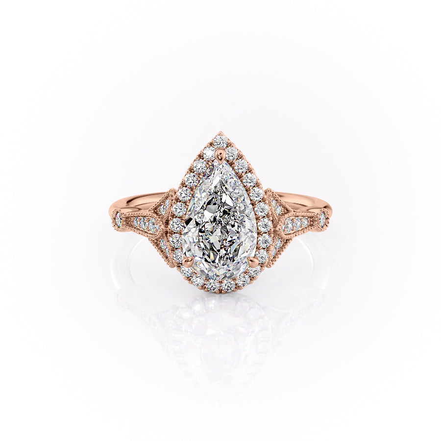 The Halo Stephanie Set  With A 5 Carat Pear 14K Rose Gold Moissanite
