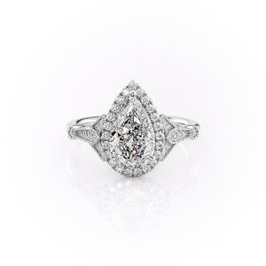 The Halo Stephanie Set With A 1 Carat Pear 18K White Gold Lab Diamond