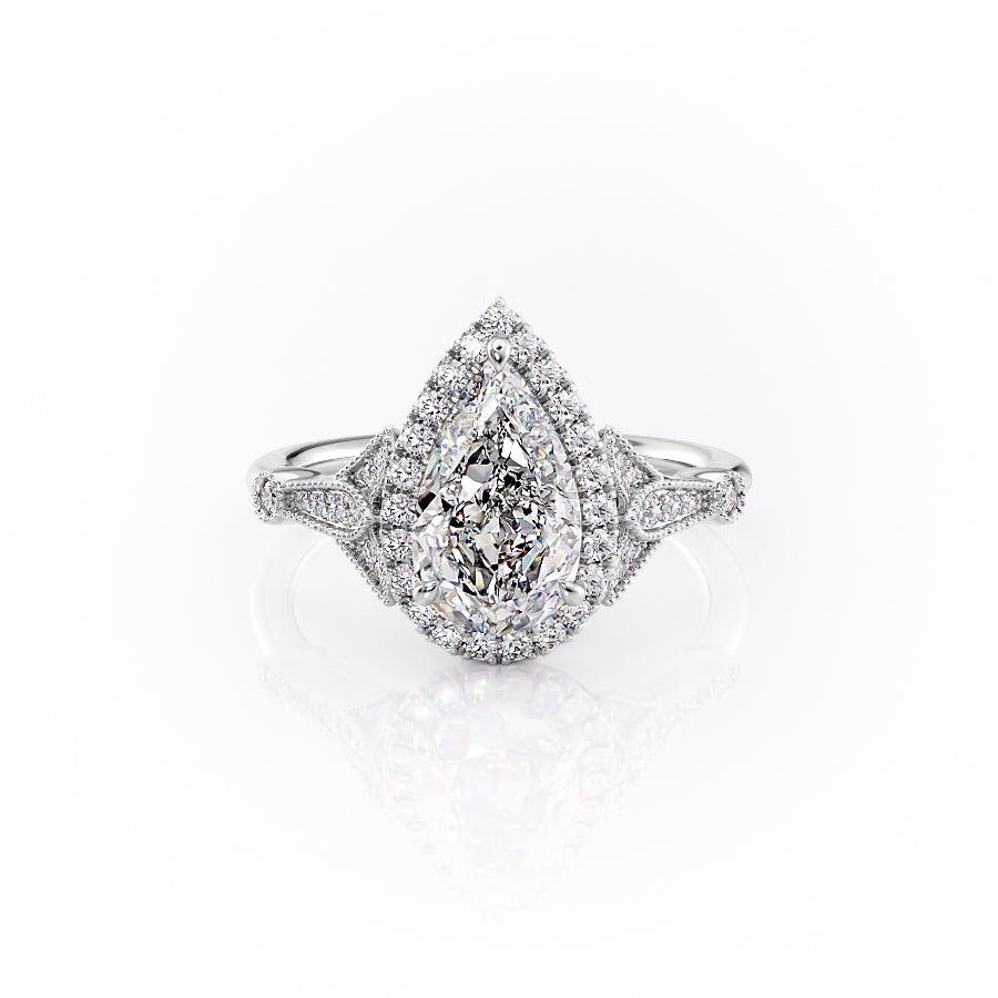 The Halo Stephanie Set  With A 3 Carat Pear 18K White Gold Moissanite