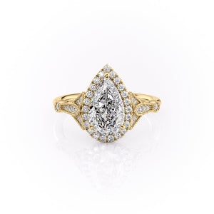 The Halo Stephanie Set  With A 3 Carat Pear 14K Yellow Gold Moissanite