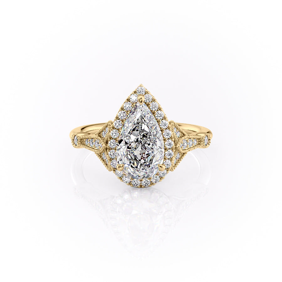 The Halo Stephanie Set  With A 2 Carat Pear 18K Yellow Gold Moissanite