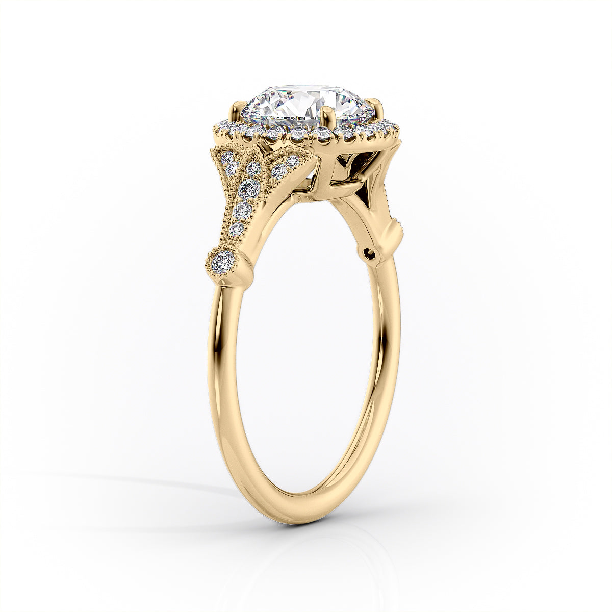 The Halo Stephanie Set With A 1 Carat Cushion 18K Yellow Gold Lab Diamond