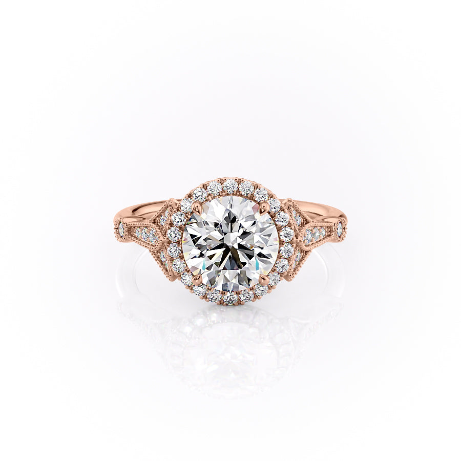 The Halo Stephanie Set  With A 1 Carat Round 14K Rose Gold Moissanite