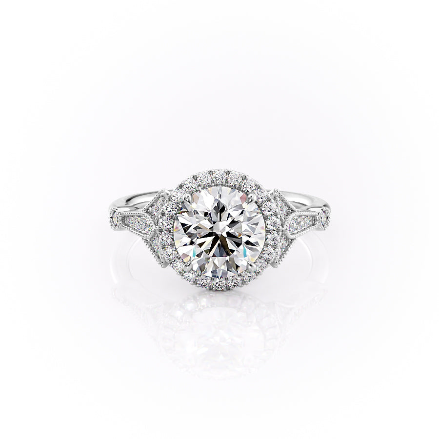 The Halo Stephanie Set With A 3 Carat Round 14K White Gold Lab Diamond
