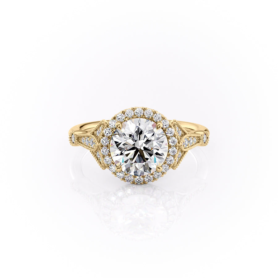 The Halo Stephanie Set With A 1.5 Carat Round 18K Yellow Gold Lab Diamond