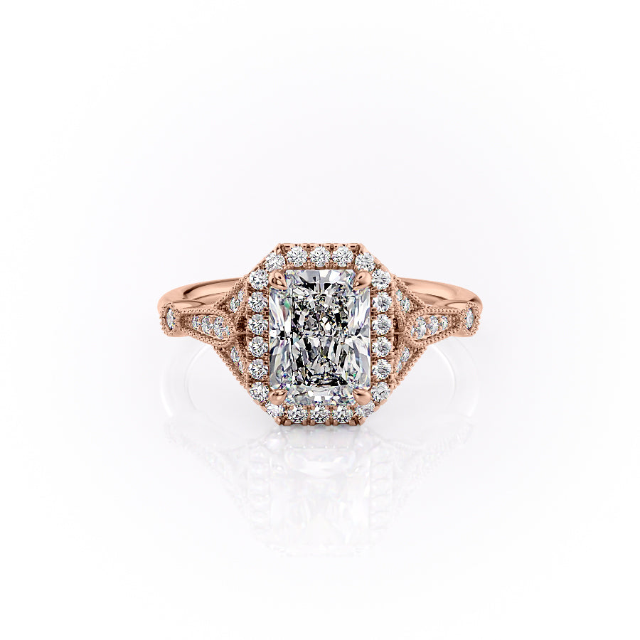 The Halo Stephanie Set  With A 1.5 Carat Radiant 14K Rose Gold Moissanite