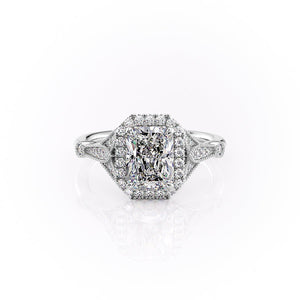 The Halo Stephanie Set With A 1.5 Carat Radiant 18K White Gold Lab Diamond