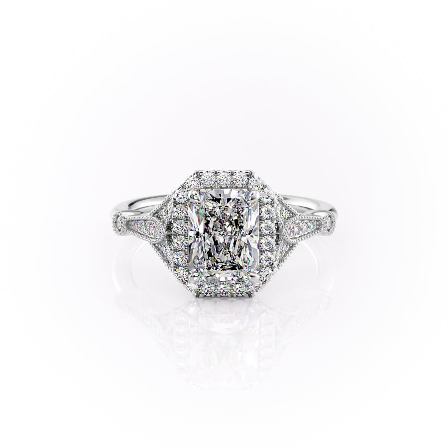 The Halo Stephanie Set With A 3 Carat Radiant 18K White Gold Lab Diamond