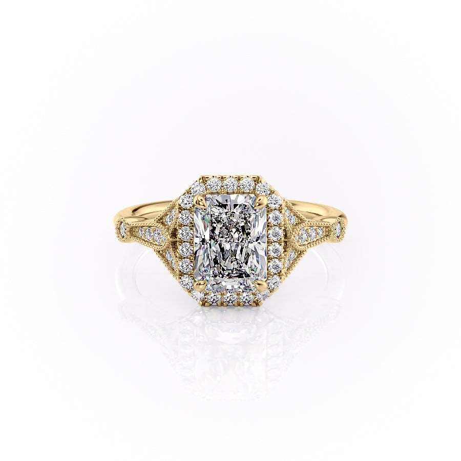 The Halo Stephanie Set With A 3 Carat Radiant 18K Yellow Gold Lab Diamond