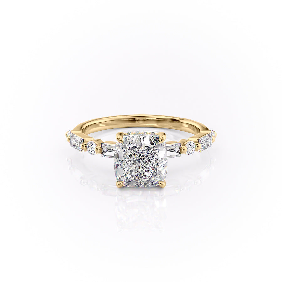 The Patricia Set  With A 1.5 Carat Cushion 18K Yellow Gold Moissanite