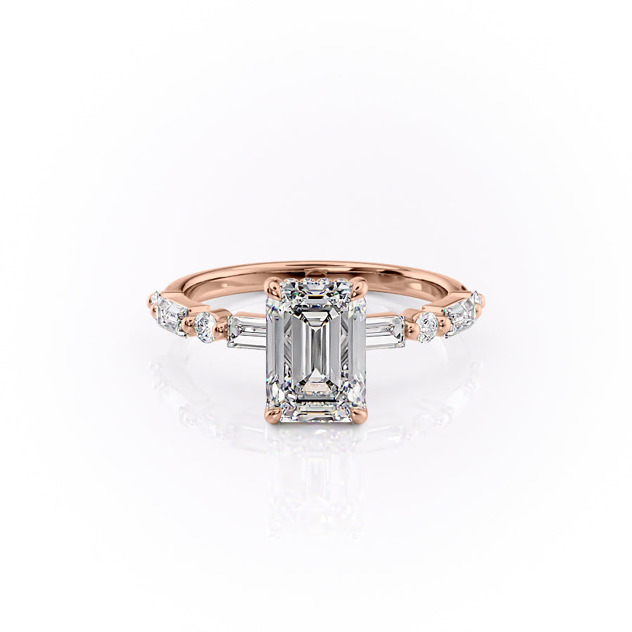 The Patricia Set  With A 4.5 Carat Emerald 14K Rose Gold Moissanite