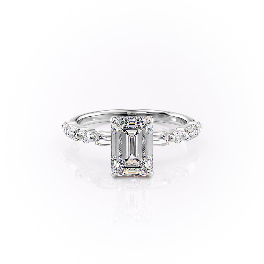 The Patricia Set  With A 4 Carat Emerald 18K White Gold Moissanite