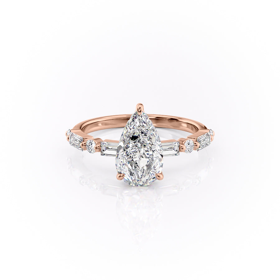 The Patricia Set  With A 4 Carat Pear 14K Rose Gold Moissanite