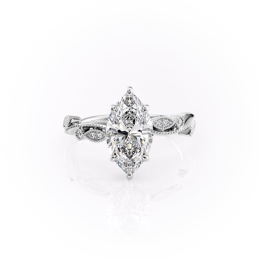 The Robin Set  With A 1.5 Carat Marquise 18K White Gold Moissanite