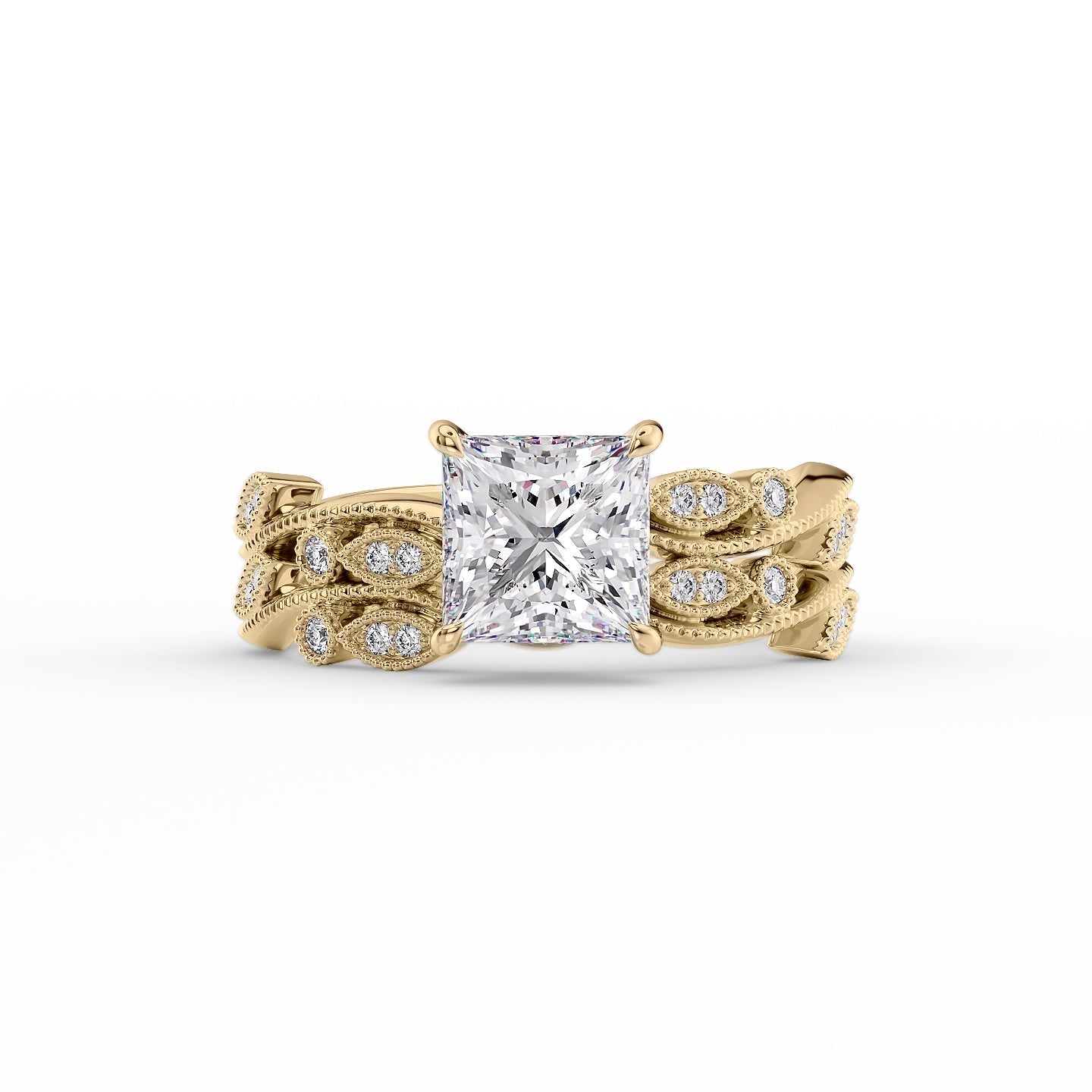 The Robin Set  With A 3 Carat Princess 18K Yellow Gold Moissanite