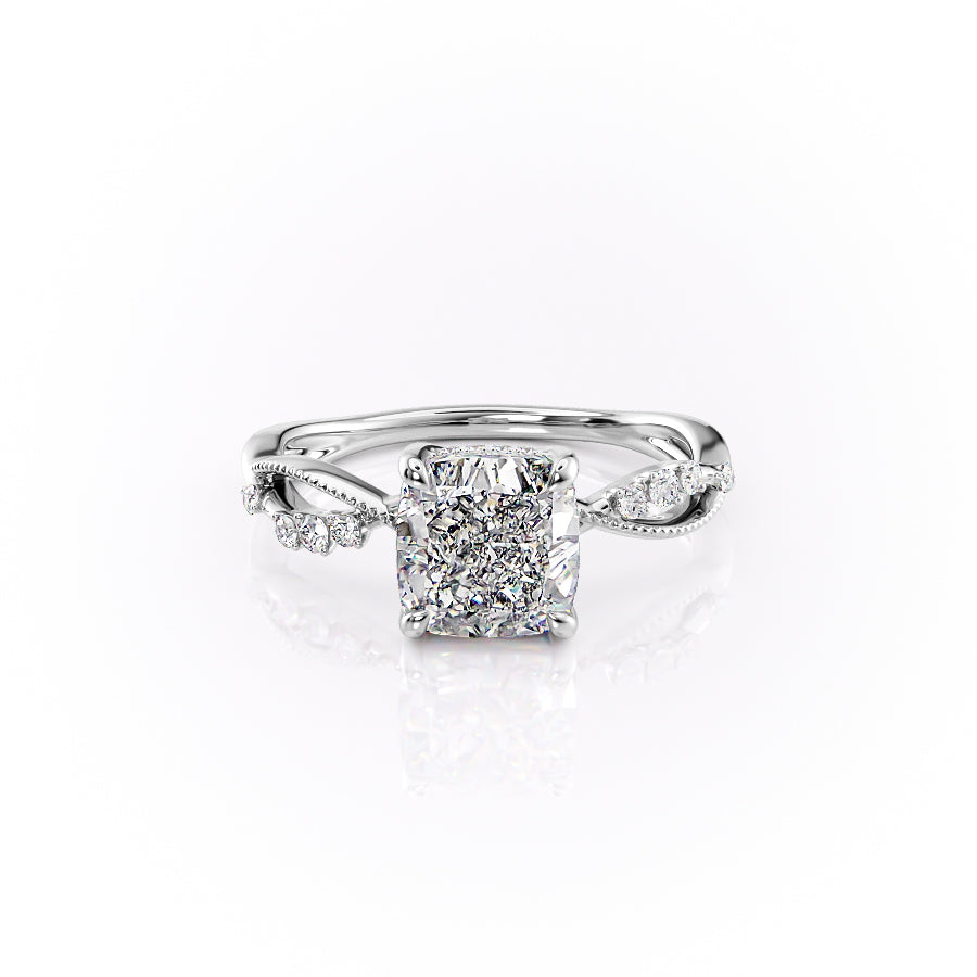The Daisy Set  With A 3 Carat Cushion 14K White Gold Moissanite