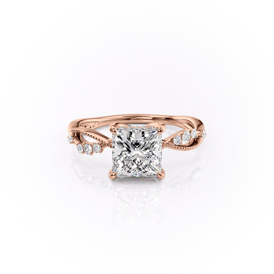 The Daisy Set  With A 3 Carat Princess 14K Rose Gold Moissanite