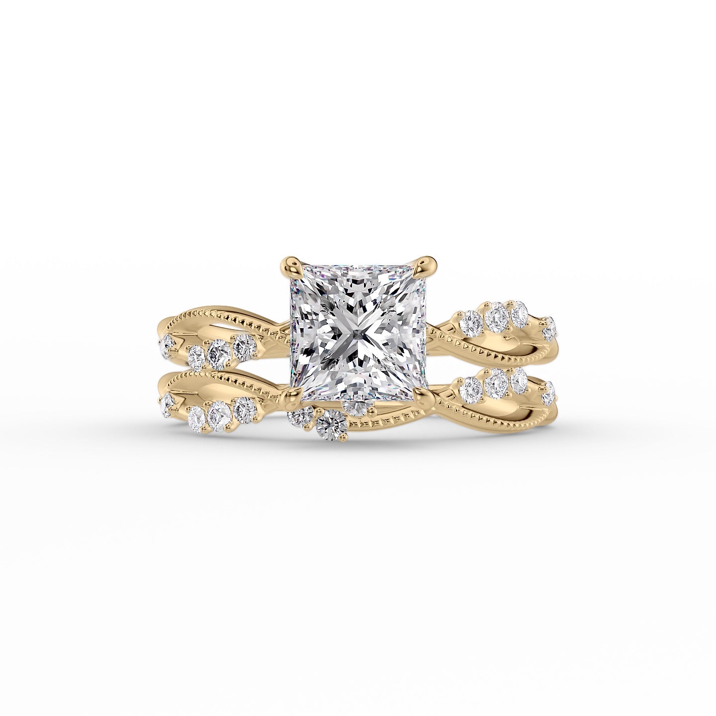 The Daisy Set  With A 3 Carat Princess 18K Yellow Gold Moissanite
